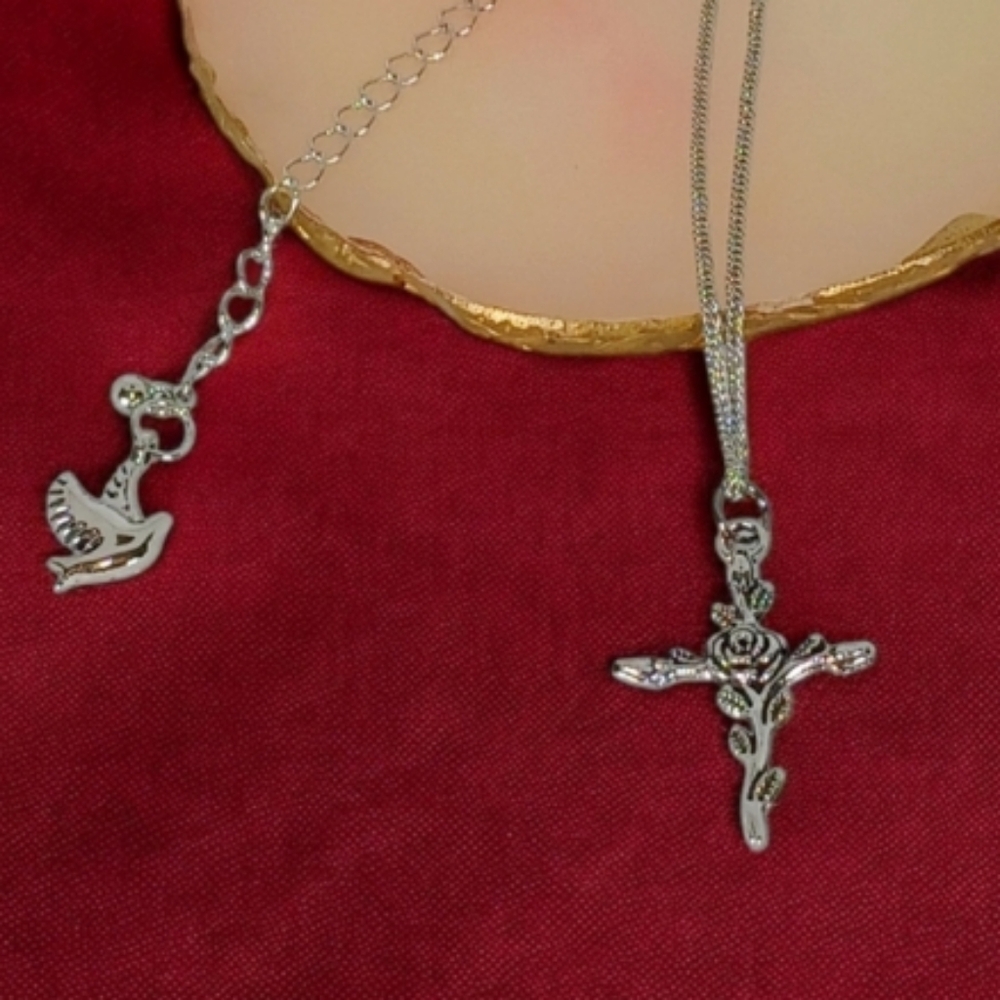 Silver Rose Cross Pendant Necklace Christian Devotional Jewelry Western Goth Y2k